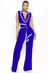 Eleganter ärmelloser Overall mit V-Ausschnitt, weißem Kontrast und weitem Beindesign