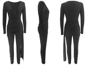 Front, side, and back views of a sexy black deep V-neck long sleeve bodycon jumpsuit.