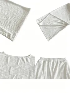 Primer plano de la textura de tela blanca arrugada y cintura elástica de un conjunto de dos piezas
