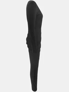 Side view of a sexy slim fit black long sleeve jumpsuit with ruched waist detail