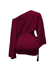 Wine red one-shoulder top and mini skirt set with pleated texture and bodycon fit