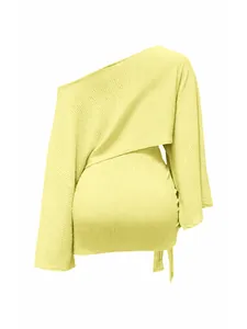 Back view detail of yellow one-shoulder long sleeve top and ruched mini skirt set