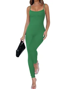 Elegant green backless ribbed sleeveless jumpsuit for women featuring a sexy slim fit.