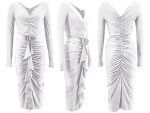 Detailed multi-angle view of white V-neck ruched bodycon dress with rose waist