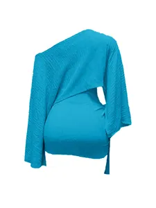 Back view of a vibrant blue one-shoulder top and bodycon mini skirt set with textured fabric