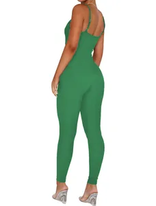 Detailed view of the green ribbed backless spaghetti strap jumpsuit for women.