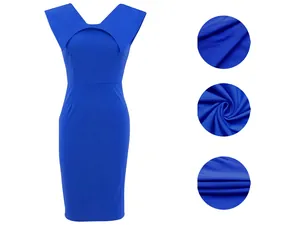 Elegant royal blue sleeveless office sheath dress with detailed fabric texture views.