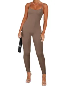 Full-length front view of a brown ribbed backless spaghetti strap jumpsuit for women