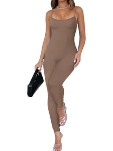 Detailed view of the brown ribbed knit camisole jumpsuit with a tight and sexy fit.