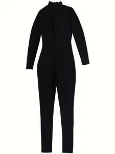 Detailed macro view of black ribbed sports jumpsuit with front zipper and stand collar