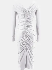 Back view of ruched long sleeve V-neck bodycon dress with elegant draping details