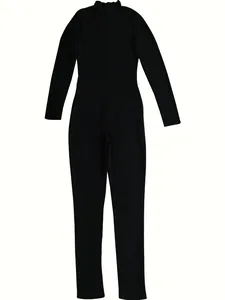 Full view of black long-sleeved ribbed athletic jumpsuit with high turtleneck design