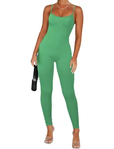 Detail of a vibrant green ribbed spaghetti strap jumpsuit showing slim fit and texture.