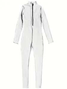 Detailed view of women's white ribbed long sleeve sports jumpsuit with front zipper