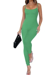 Detail shot of green ribbed backless jumpsuit with slim fit and spaghetti straps