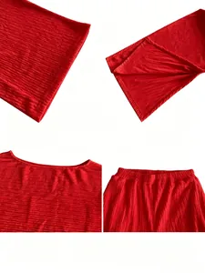 Detalle de la tela roja arrugada que muestra el escote, la cintura y las costuras.