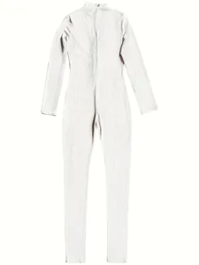Back view of a white ribbed long-sleeved athletic jumpsuit with a sleek slim-fit design.