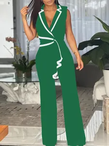 Eleganter dunkelgrüner ärmelloser Jumpsuit mit V-Ausschnitt, weißem Besatz und weitem Bein