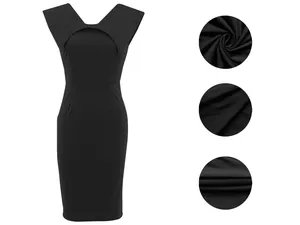 Detailed macro view of black office dress fabric texture and sleeveless neckline design