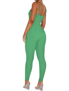 Sexy green ribbed backless jumpsuit showing slim fit and back detail view