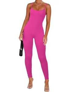 Close-up detail of hot pink ribbed sleeveless long jumpsuit with slim fit design
