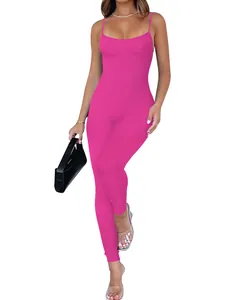 Detail view showing the ribbed fabric texture on this pink slim fit sleeveless jumpsuit