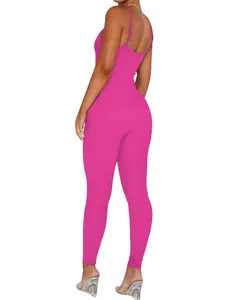 Back view of a sexy hot pink ribbed sleeveless backless bodysuit jumpsuit for women