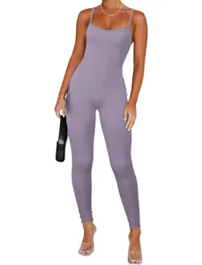 Lavender sleeveless backless ribbed knit jumpsuit showing slim fit design on model