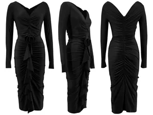 Detailed views showing the front side and back of a long-sleeved V-neck black rose dress