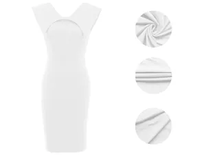 Elegant white sleeveless office dress with square neck and textured fabric details.