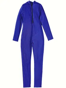 Detail view of the ribbed texture and functional front zipper on this blue sports jumpsuit