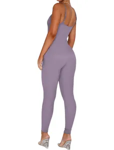 Back view of stylish purple rib-knit backless jumpsuit with spaghetti straps for women.