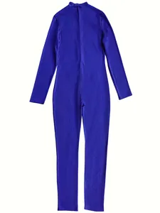 Detailed back view of blue ribbed athletic jumpsuit with zipper and high mock neck