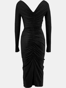 Detailed macro view of back ruched design on black long sleeve V-neck sexy bodycon dress