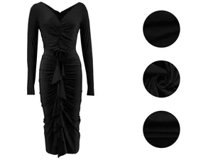 Close-up detail of black V-neck long sleeve dress with rose design and fabric texture