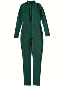 Dark green ribbed long sleeve jumpsuit with front zipper for sport and leisure wear.