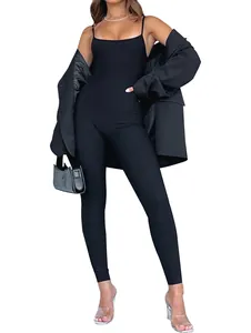 Stylish black backless jumpsuit with spaghetti straps for women's fashion