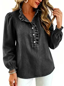 Chic black ruffled denim blouse with puff sleeves and button placket for women