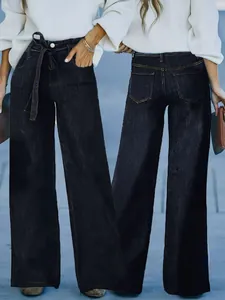 Damen Amerikanische Retro High Waist Wide Leg Jeans Gewaschene Denim Schlaghose Casual Lose Streetwear Hose Mit Bindegürtel