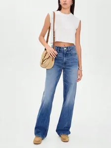 Jean en denim bleu décontracté à taille haute pour femme style urbain polyvalent mode