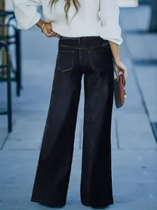 Stylische dunkelblaue Damen-Jeans mit weitem Bein, Retro-Locker-Passform und Taschen