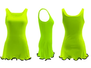 Close-up views of neon green sleeveless ribbed tank dress with wavy hem detail