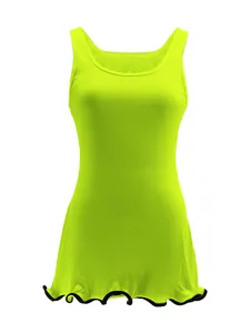 Neon green ribbed sleeveless tank dress with ruffled hem and black trim details