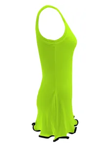 Detailed side view of the neon green tank dress showing the unique black lettuce hem