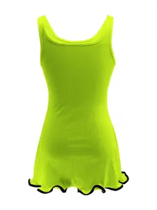Back detail of neon green ribbed bodycon tank dress with black lettuce edge hem
