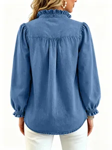 Back view of a women's stylish blue denim shirt featuring ruffle collar and puff sleeves