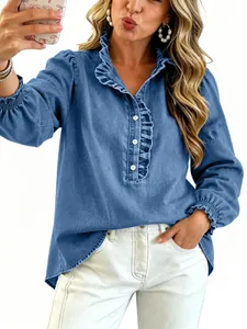 Stylish women's blue denim shirt featuring ruffle collar and princess puff sleeves