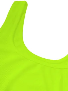 Macro view of vibrant neon green ribbed fabric texture and U-neckline detail on a dress