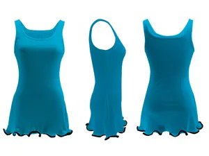 Blue ribbed sleeveless tank dress with wave ruffle hem, perfect slim fit summer style clothing