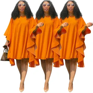 Robe orange grande taille avec manches chauve-souris et détails de volants au bas